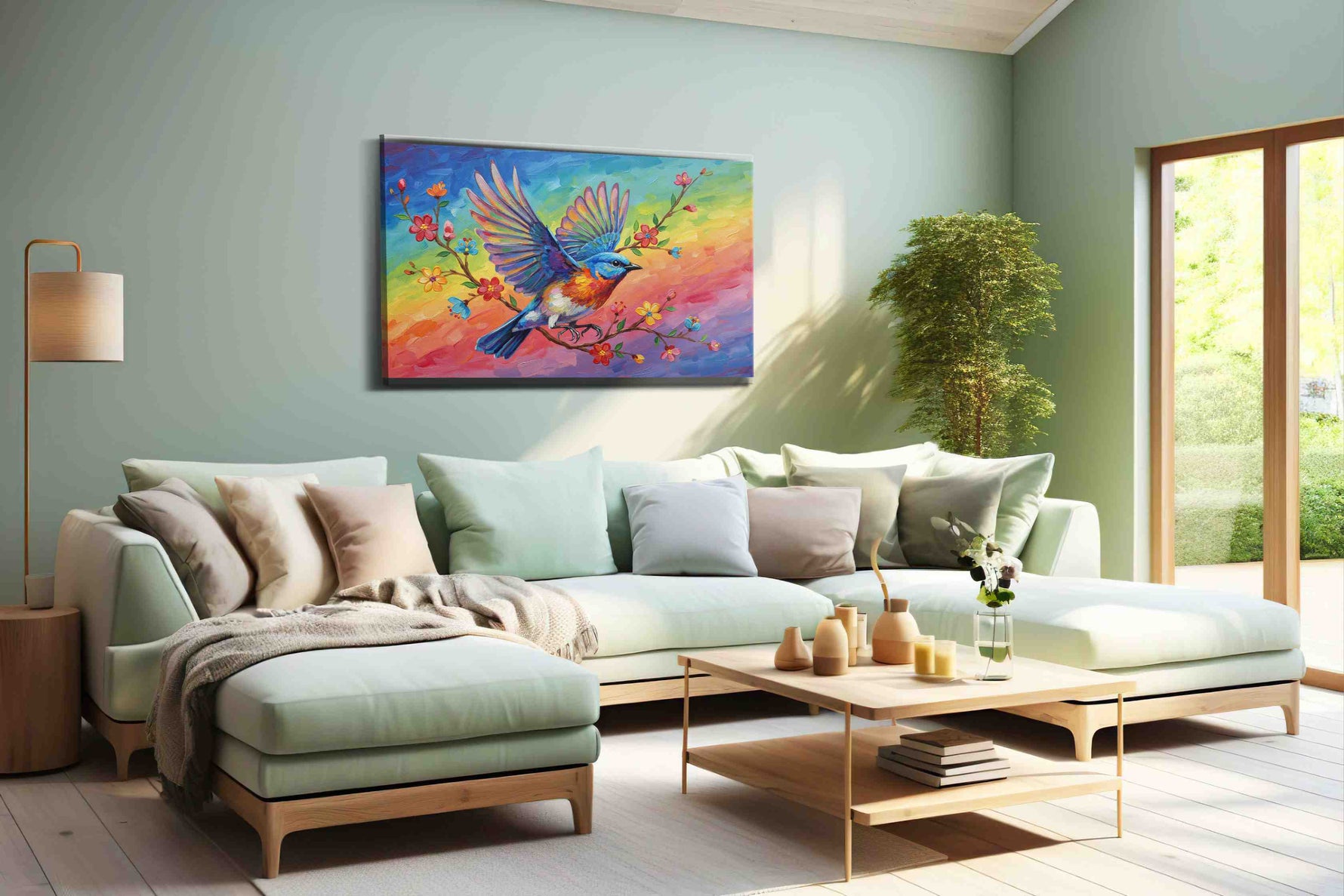 Rainbow Flight birds canvas print, hanging on wall