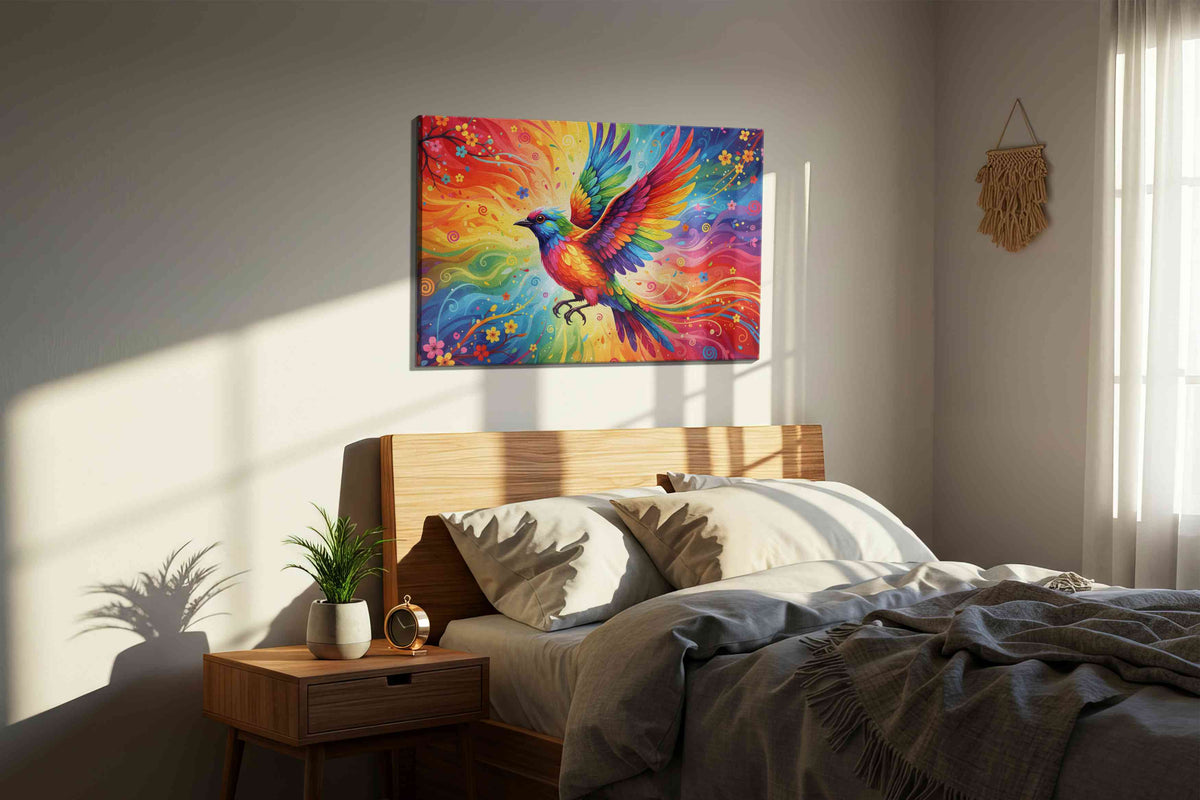 Rainbow Flight of Fantasy birds canvas print, displayed in a bedroom