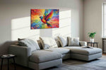 Rainbow Flight of Fantasy birds canvas print in a living room scene