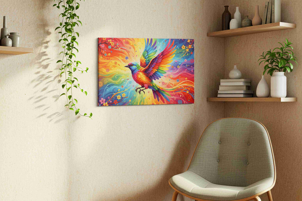 Rainbow Flight of Fantasy birds canvas print, displayed in a living room