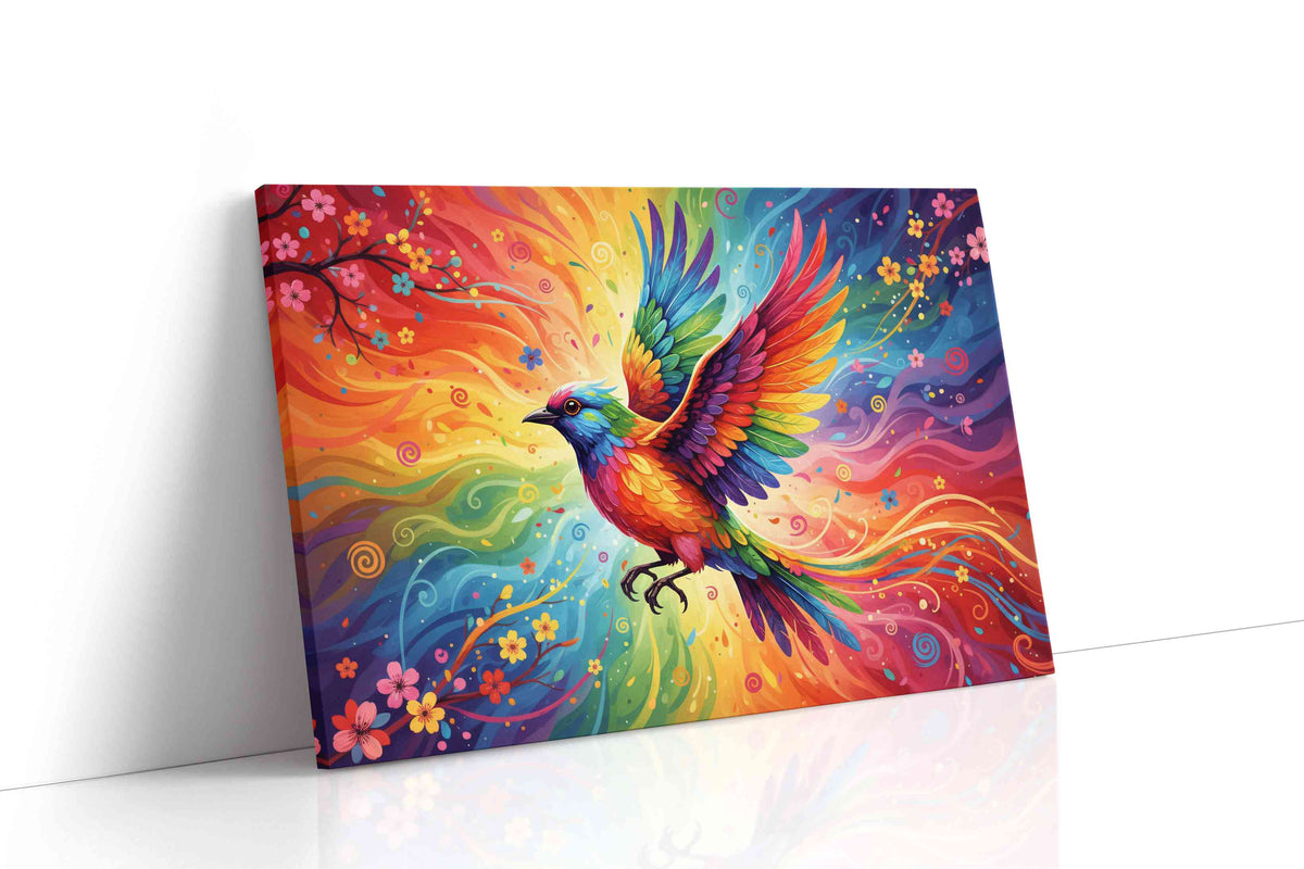 Rainbow Flight of Fantasy birds canvas print, gallery-wrapped, ready to hang