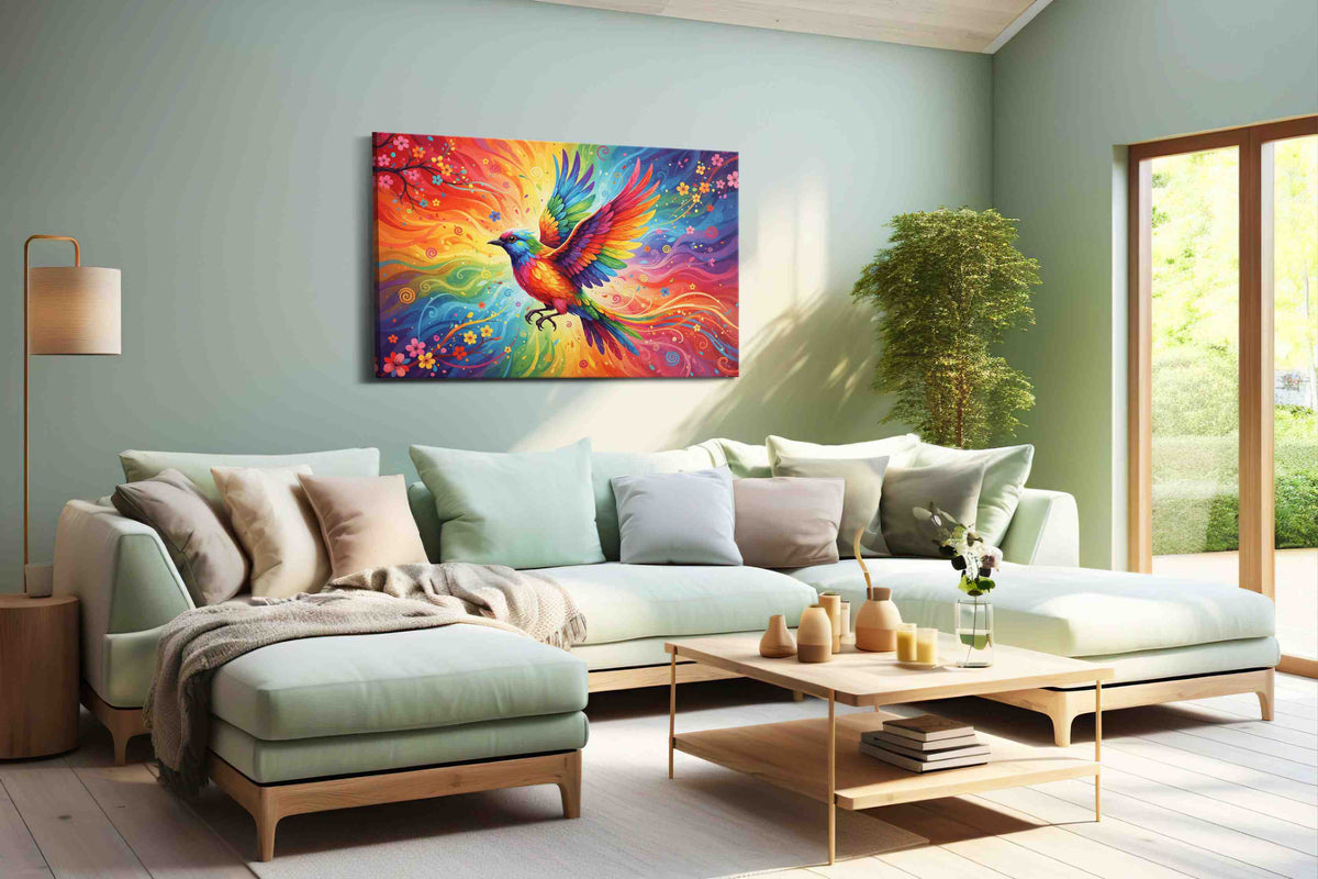 Rainbow Flight of Fantasy birds canvas print, hanging on wall