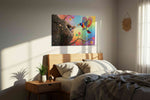 Rainbow Harmony birds canvas print, displayed in a bedroom
