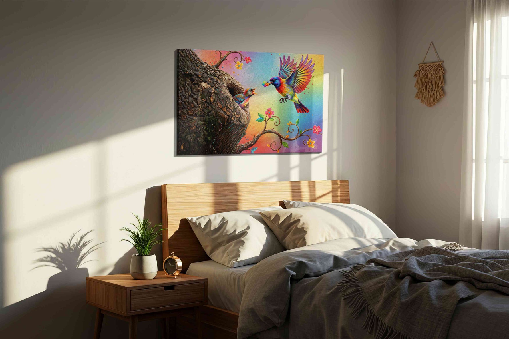 Rainbow Harmony birds canvas print, displayed in a bedroom