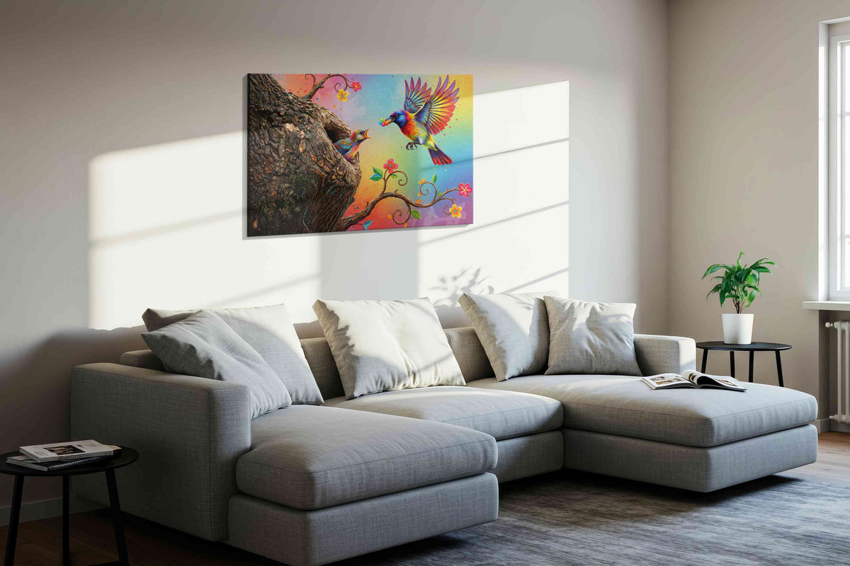Rainbow Harmony birds canvas print, displayed in a living room