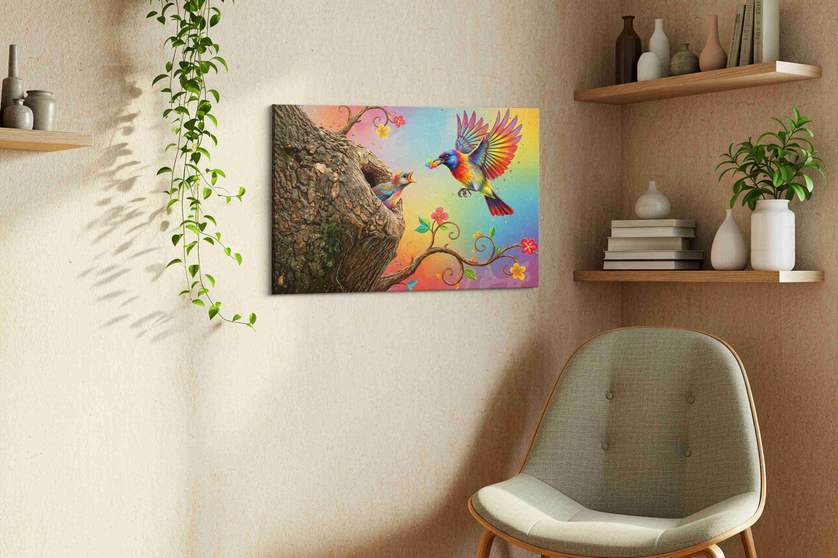 Rainbow Harmony birds canvas print in a living room scene