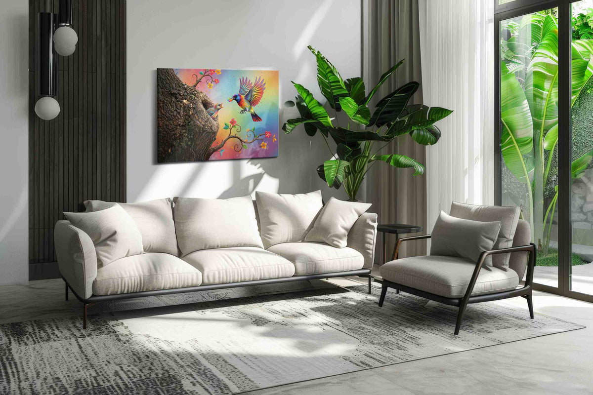 Rainbow Harmony birds canvas print in a modern interior mockup
