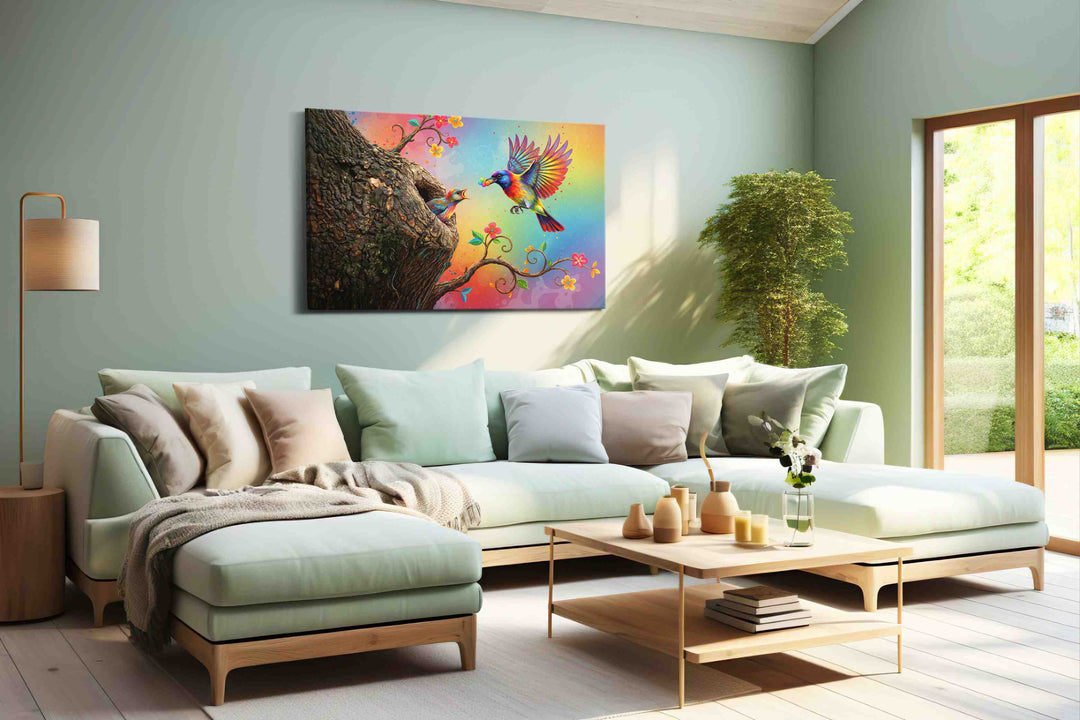 Rainbow Harmony – birds canvas wall art, gallery-wrapped, ready to hang