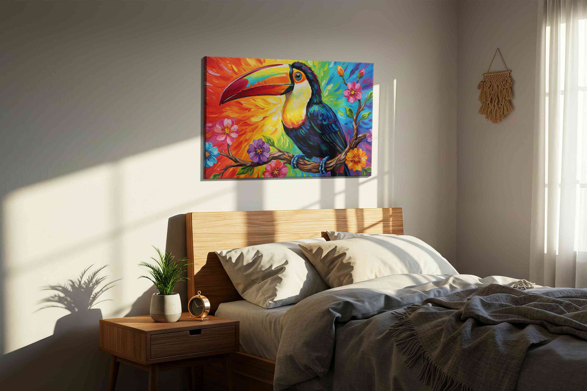 Rainbow Harmony Toucan birds canvas print, displayed in a bedroom