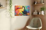 Rainbow Harmony Toucan birds canvas print, displayed in a living room