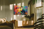 Rainbow Harmony Toucan birds canvas print, on wall, lifestyle preview