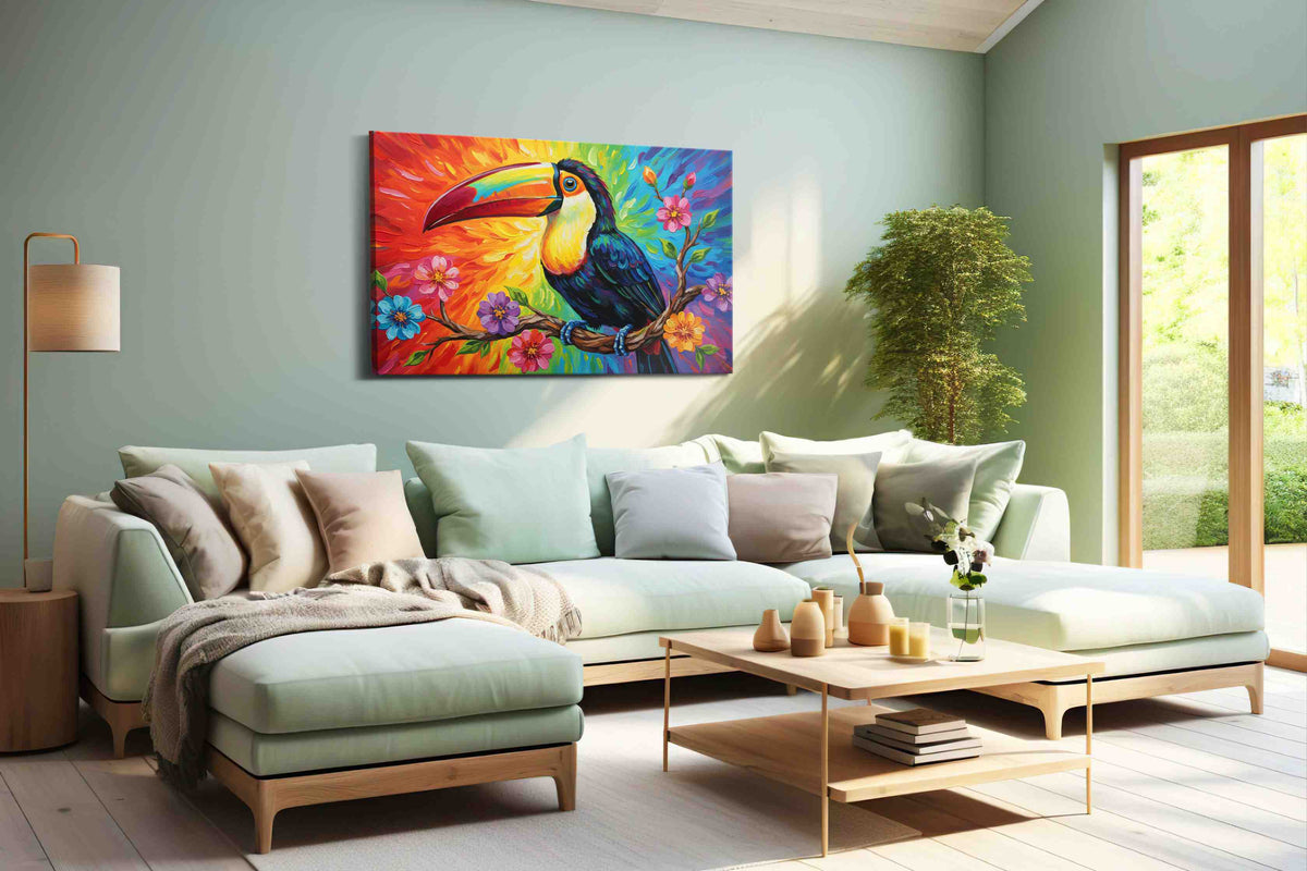 Rainbow Harmony Toucan birds canvas print, hanging on wall