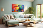 Rainbow Harmony Toucan birds canvas print, hanging on wall