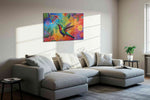 Rainbow Nectar Symphony birds canvas print, displayed in a living room
