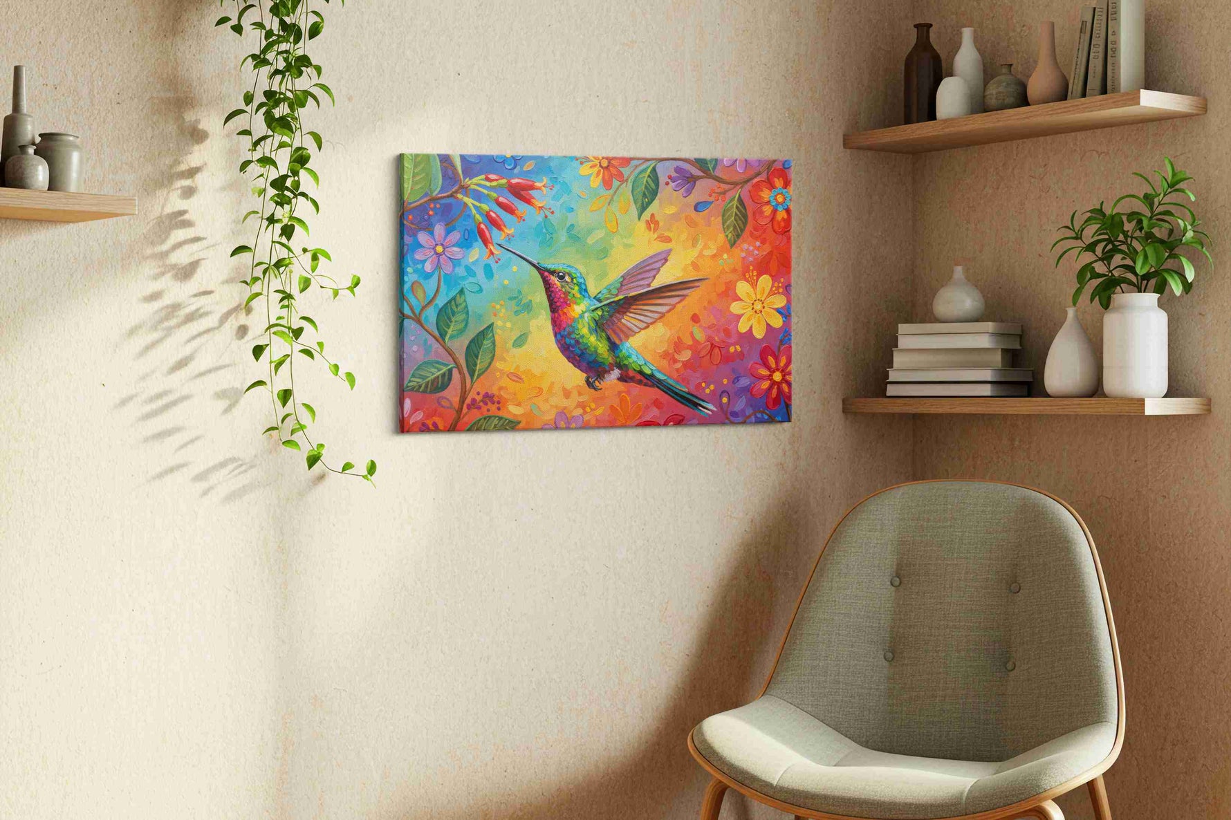 Rainbow Nectar Symphony birds canvas print styled in a living room