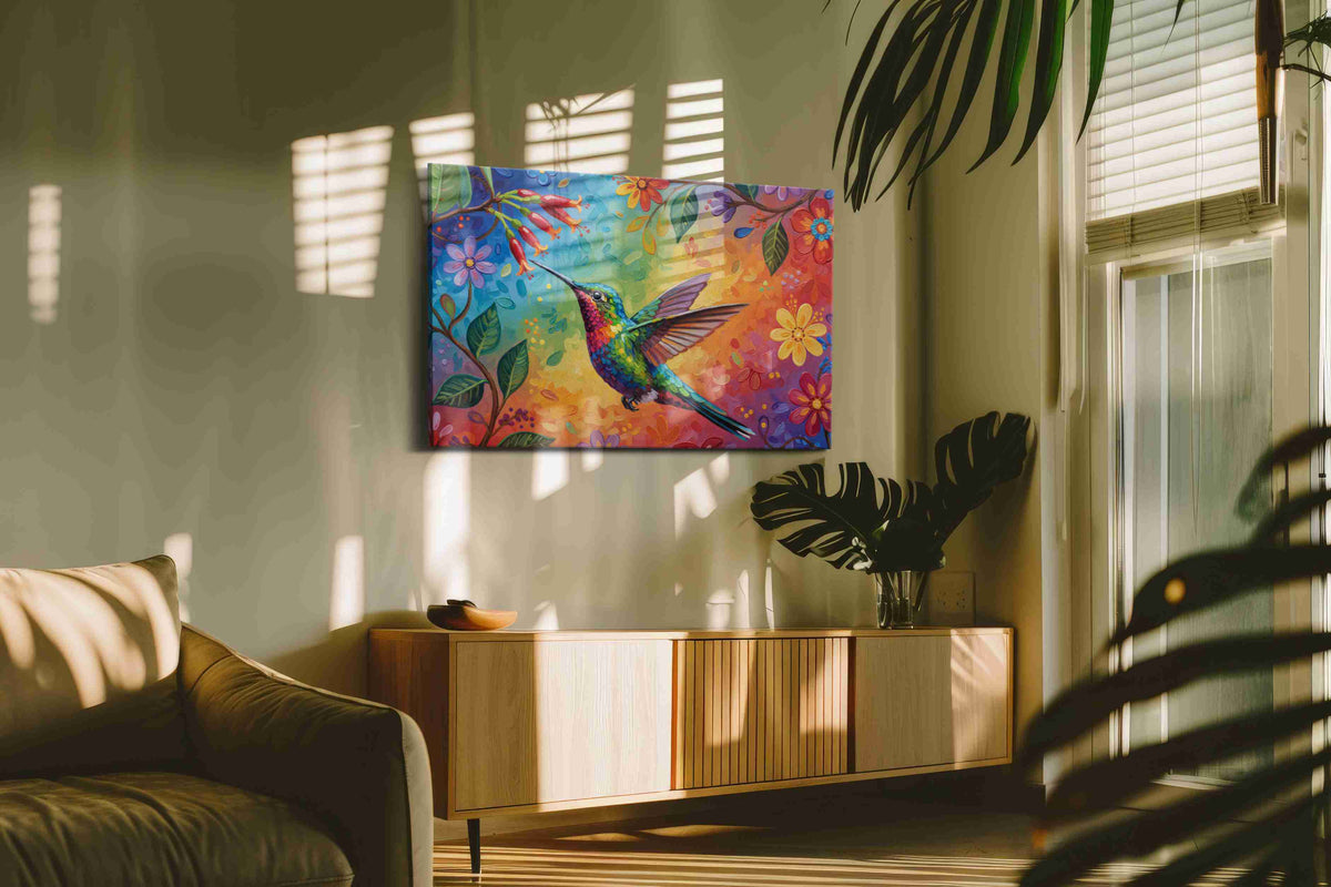 Rainbow Nectar Symphony birds canvas print, on wall, lifestyle preview