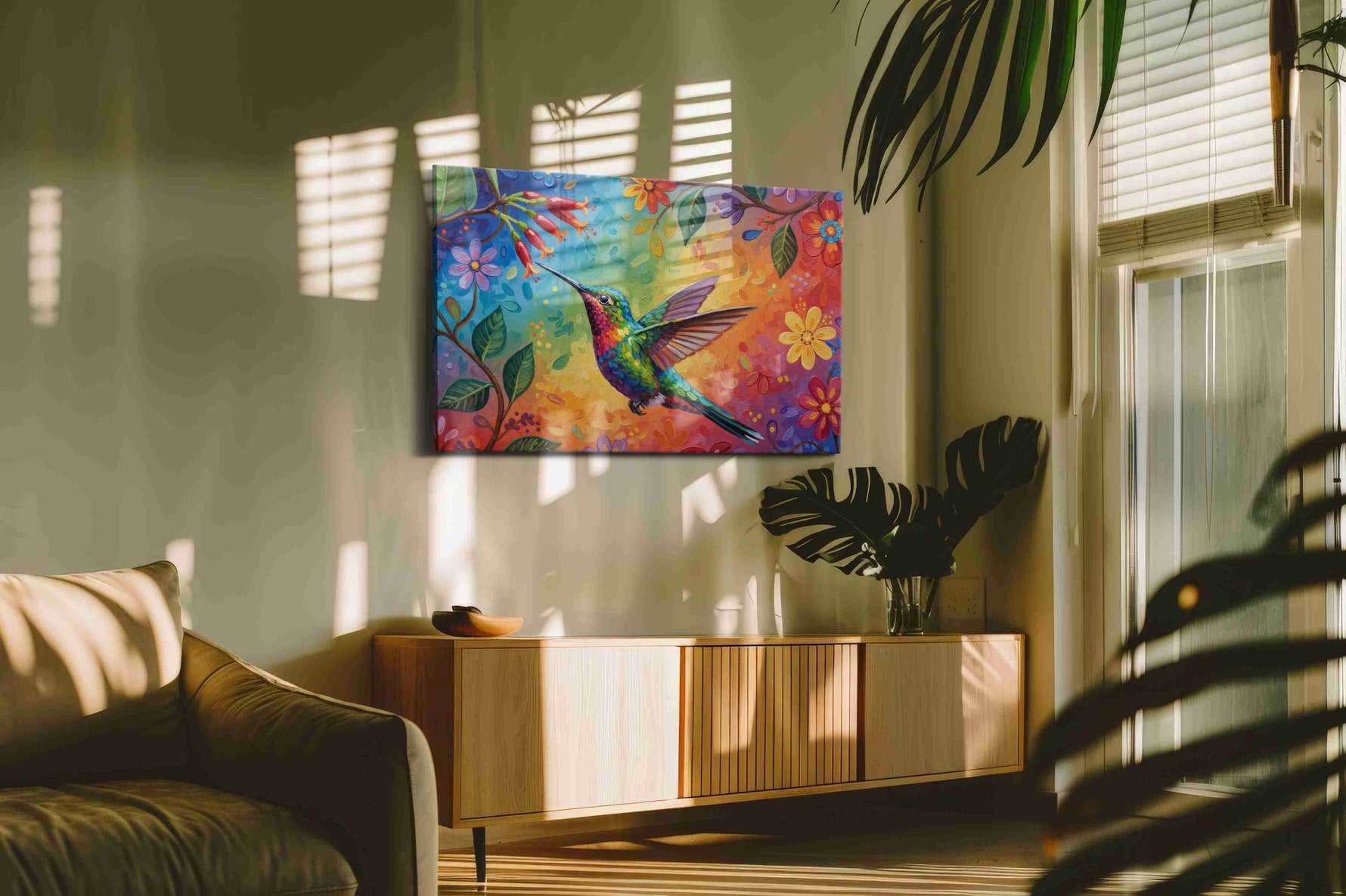 Rainbow Nectar Symphony birds canvas print, on wall, lifestyle preview