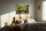 Rainbow Parrots Serenade birds canvas print, displayed in a bedroom