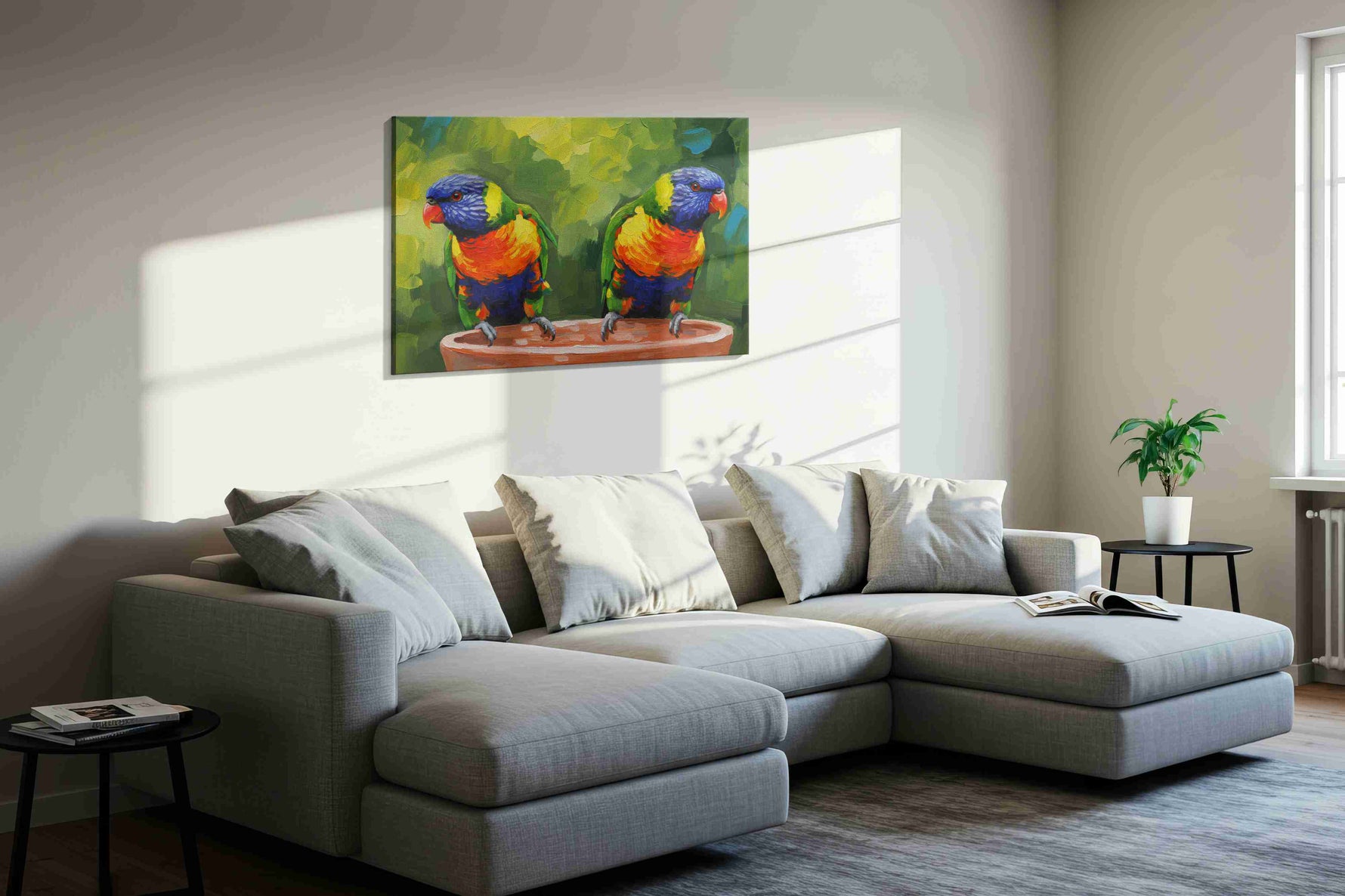 Rainbow Parrots Serenade birds canvas print, displayed in a living room