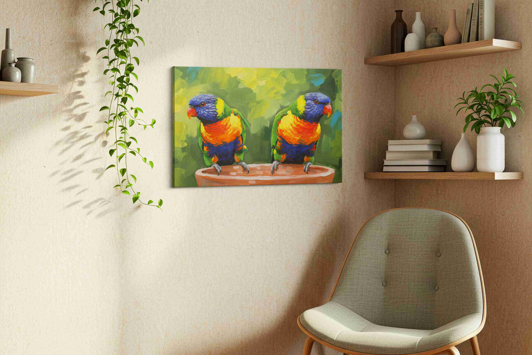 Rainbow Parrots Serenade – birds canvas wall art, gallery-wrapped, ready to hang