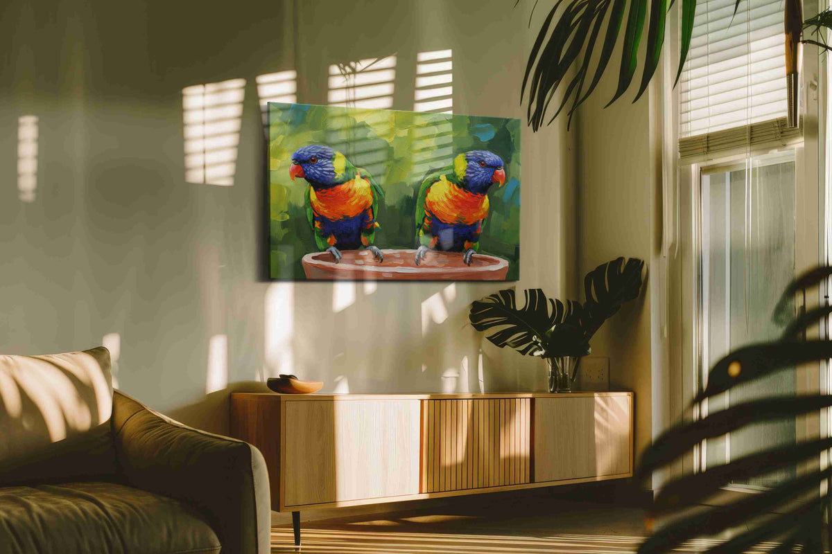 Rainbow Parrots Serenade birds canvas print in a hung canvas mockup