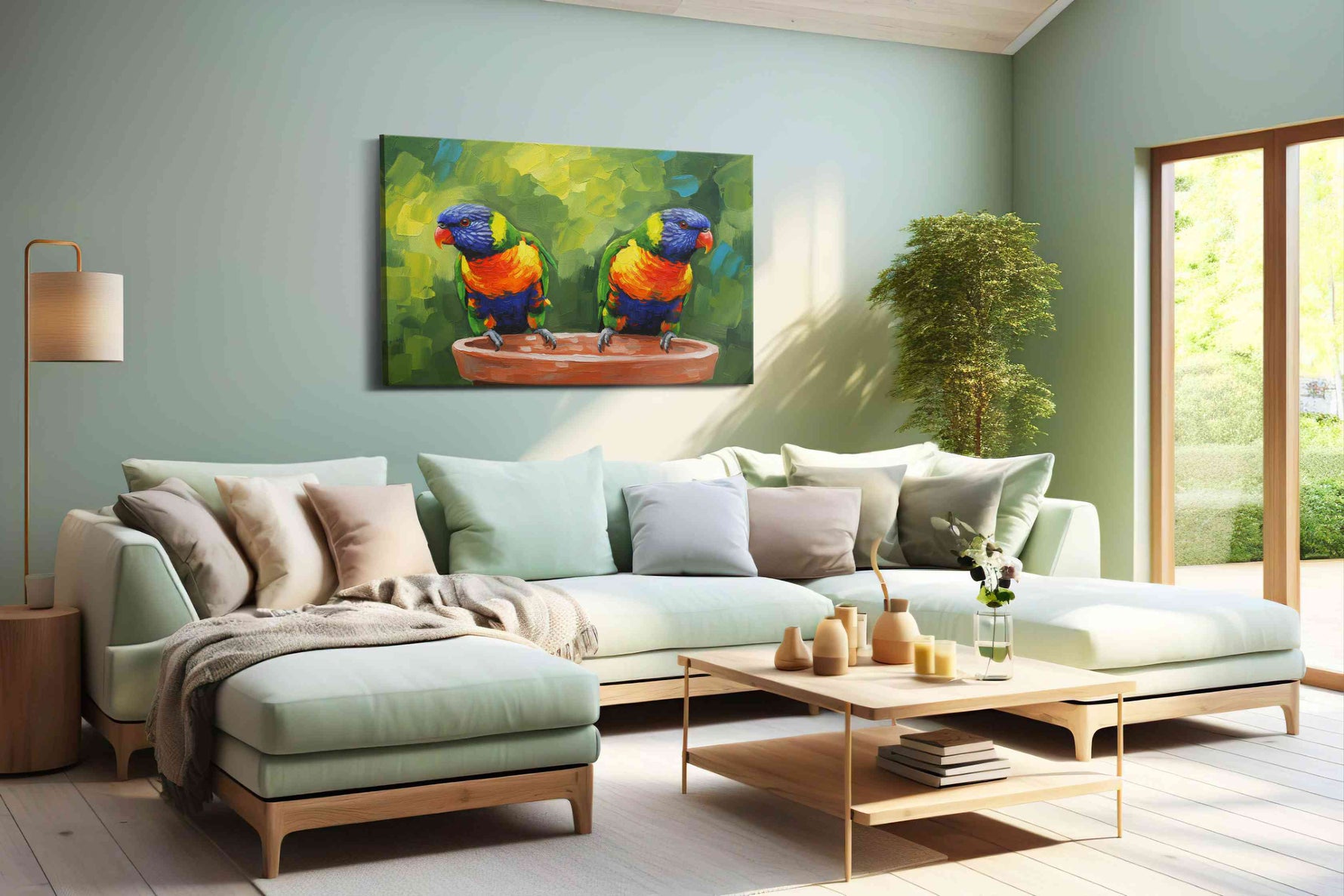 Rainbow Parrots Serenade birds canvas print, hanging on wall