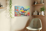 Rainbow Plumage Symphony birds canvas print, displayed in a living room
