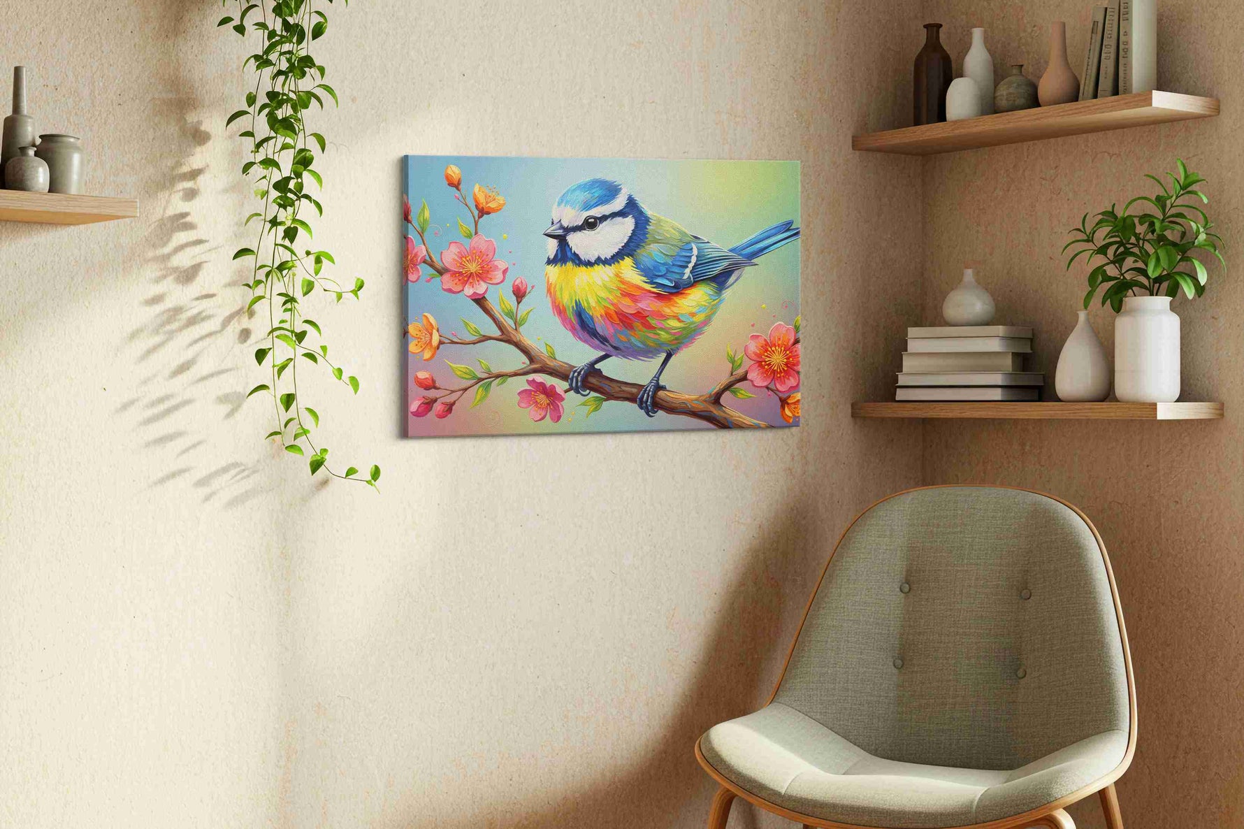Rainbow Plumage Symphony birds canvas print, displayed in a living room