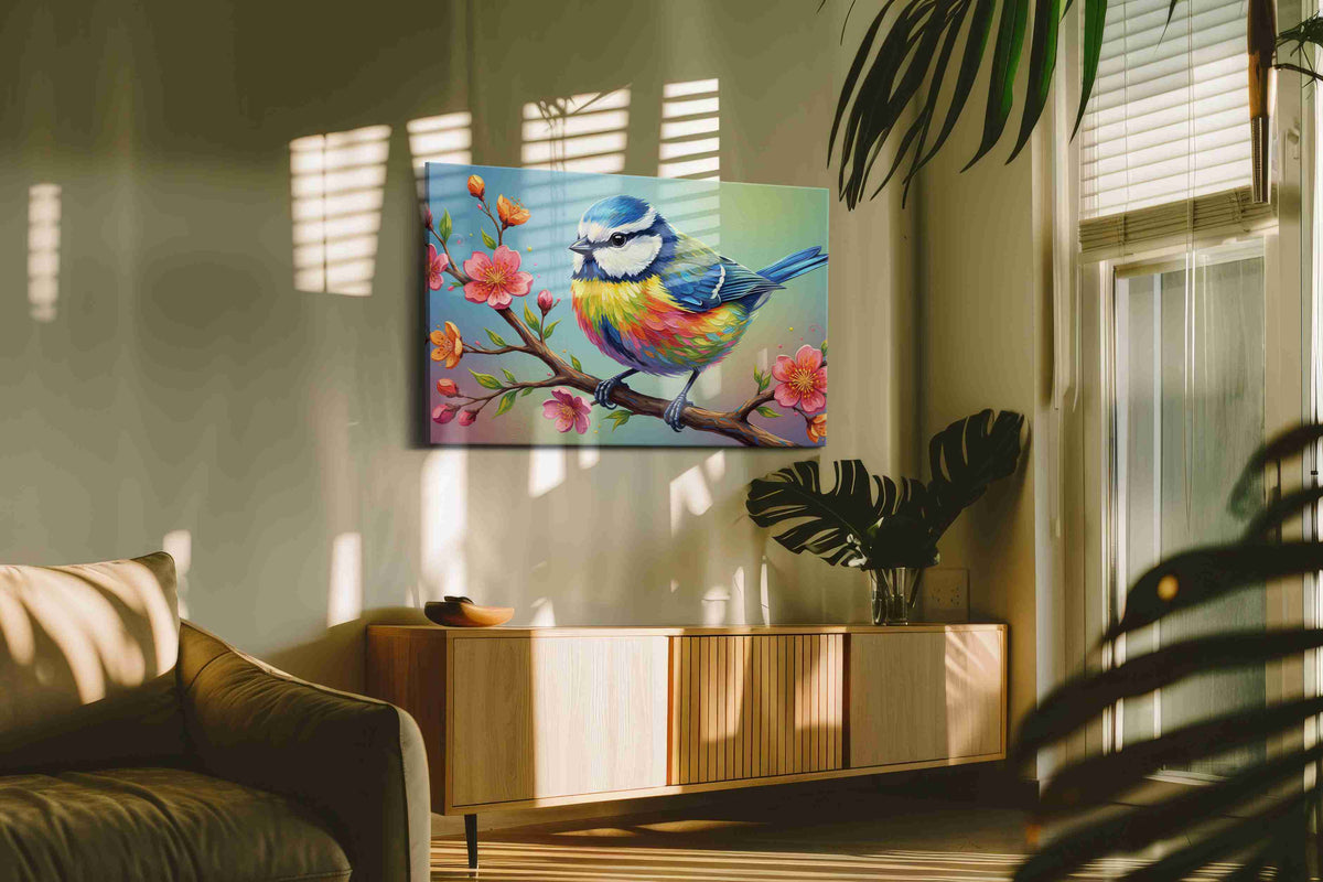 Rainbow Plumage Symphony birds canvas print, on wall, lifestyle preview