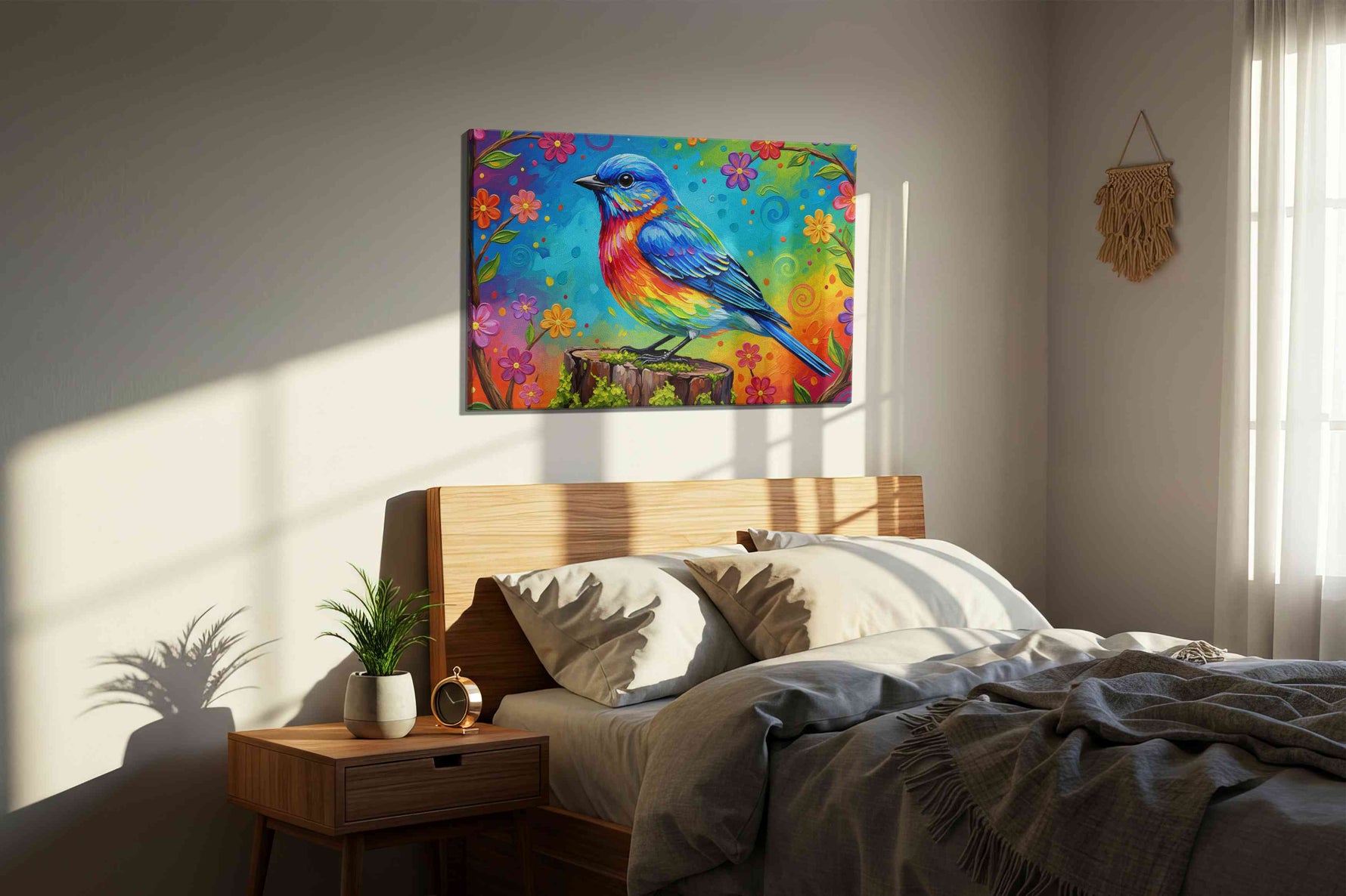 Rainbow Serenade birds canvas print, displayed in a bedroom