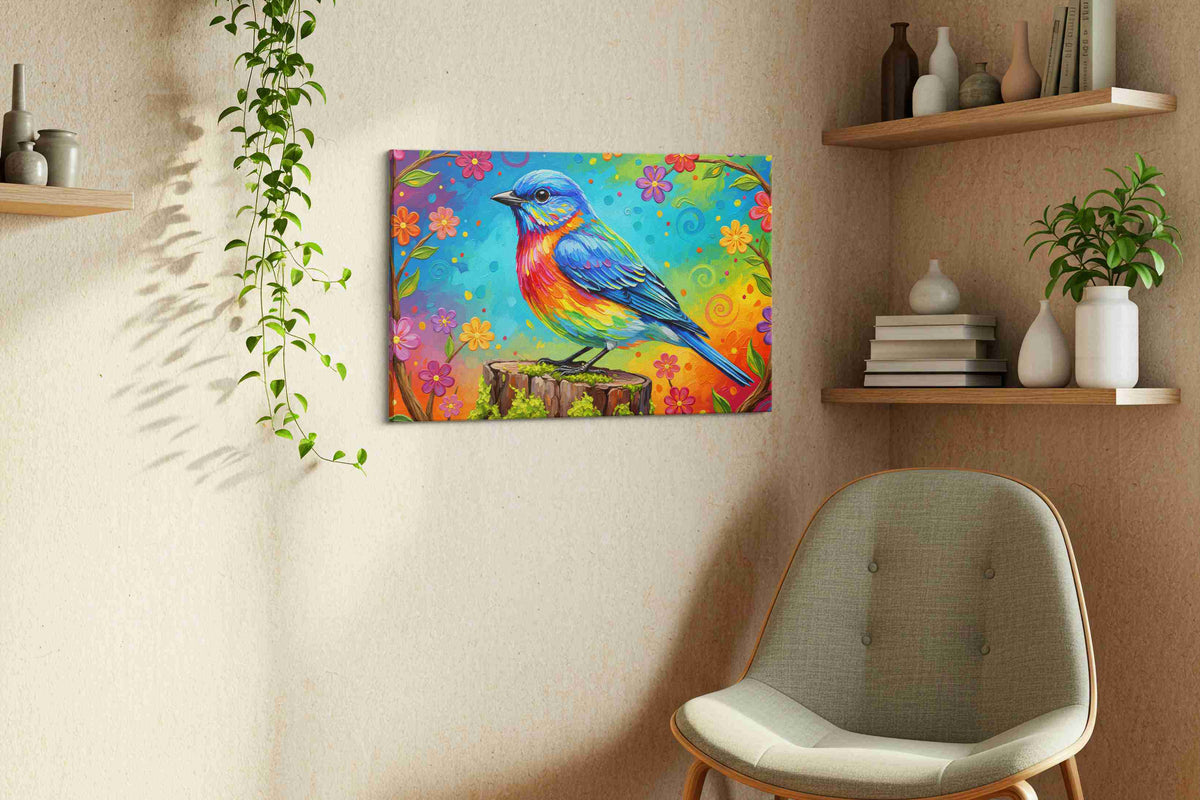Rainbow Serenade birds canvas print, displayed in a living room