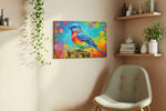 Rainbow Serenade birds canvas print, displayed in a living room