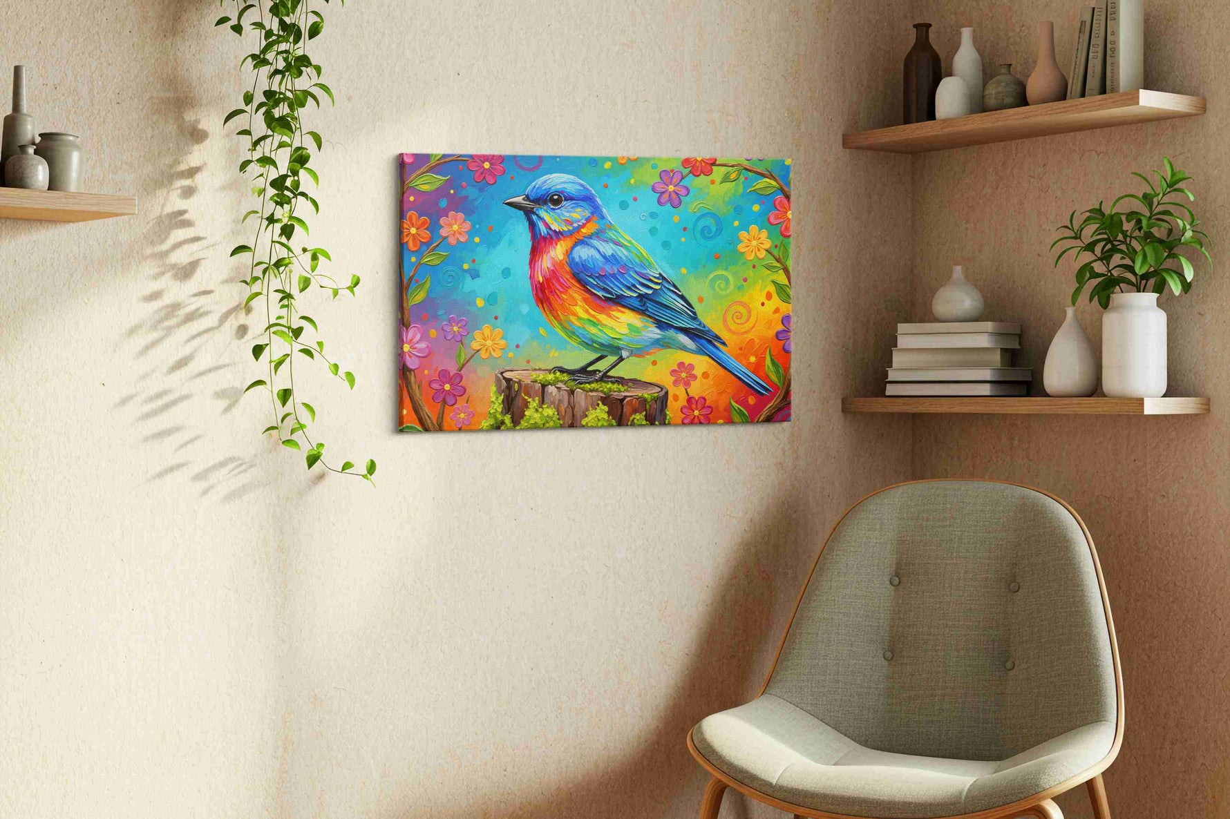 Rainbow Serenade birds canvas print, displayed in a living room