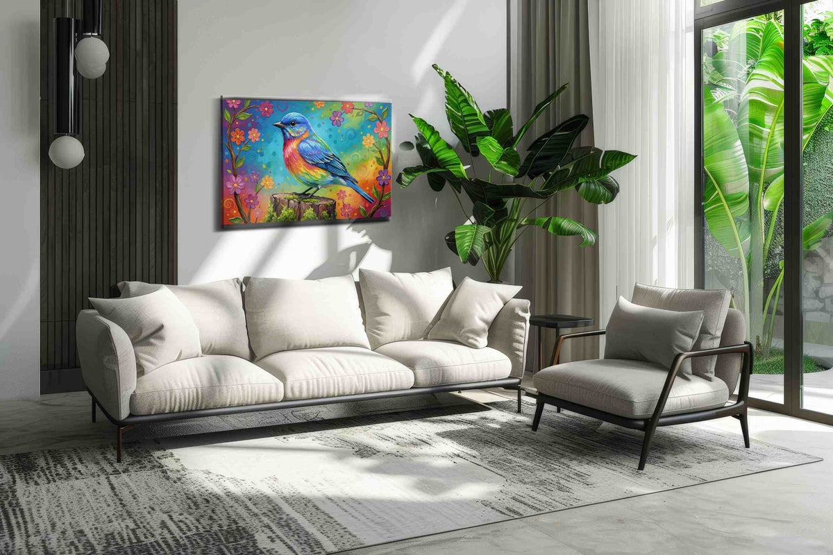 Rainbow Serenade birds canvas print, on wall, lifestyle preview
