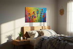 Rainbow Serenade II birds canvas print, displayed in a bedroom