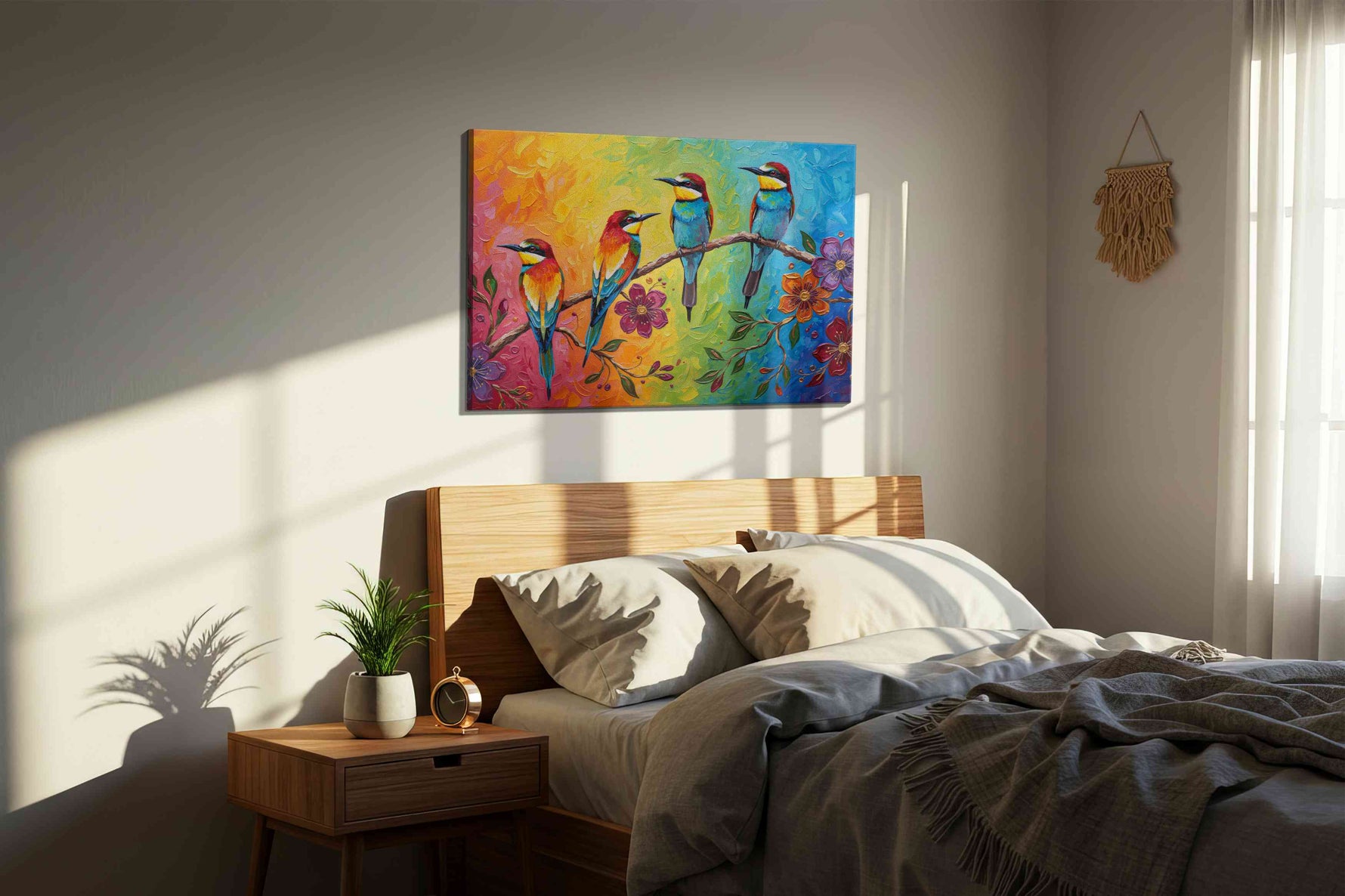 Rainbow Serenade II birds canvas print, displayed in a bedroom