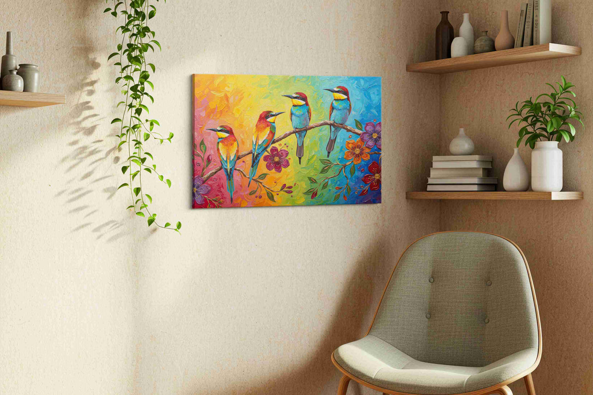 Rainbow Serenade II birds canvas print, displayed in a living room