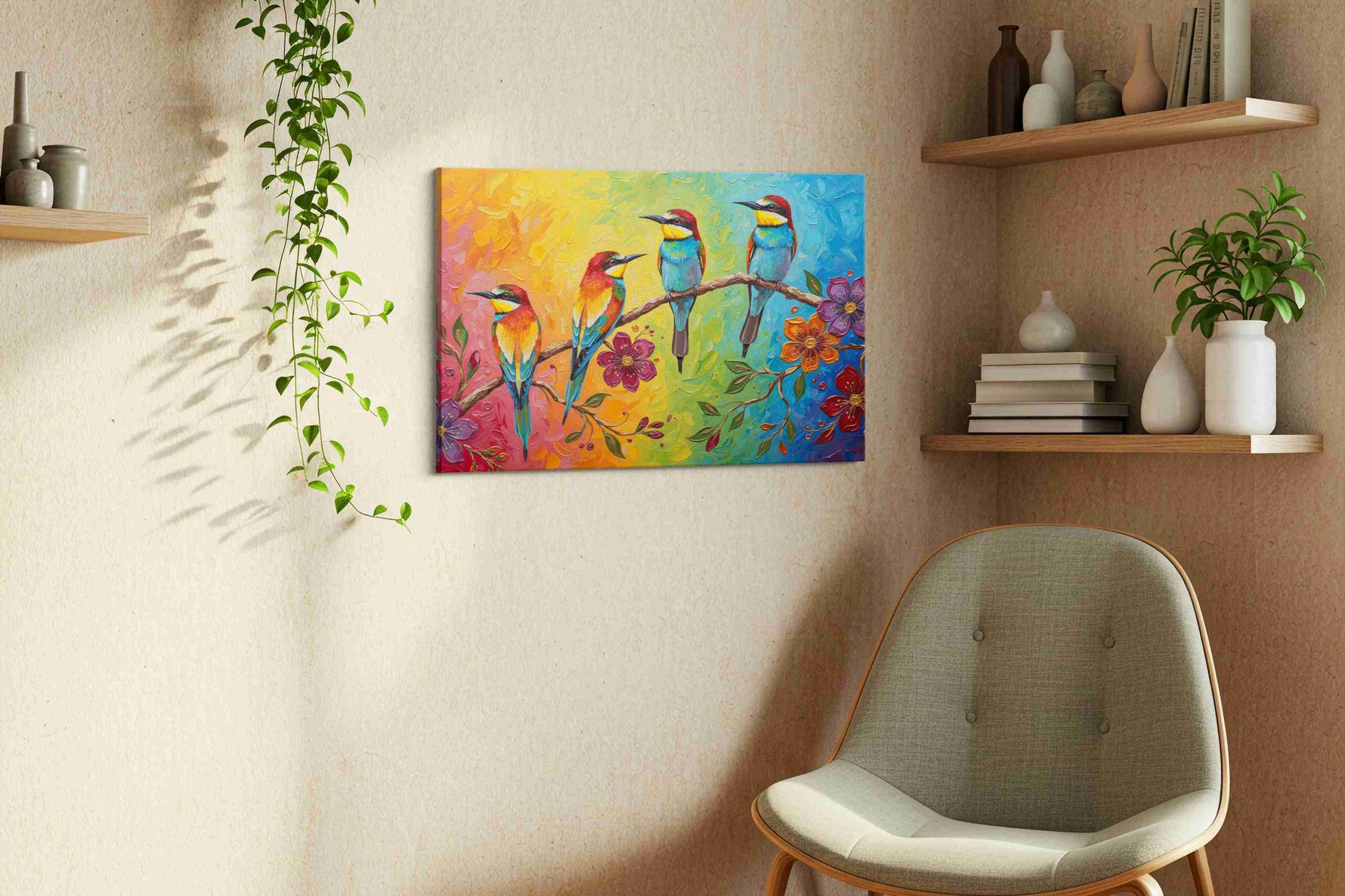 Rainbow Serenade II birds canvas print, displayed in a living room