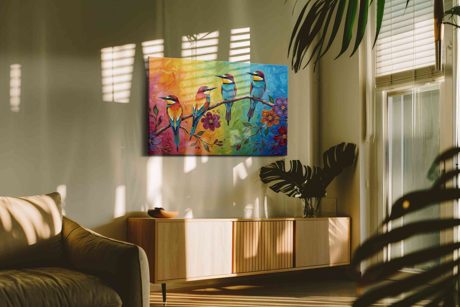 Rainbow Serenade II birds canvas print in a contemporary interior mockup