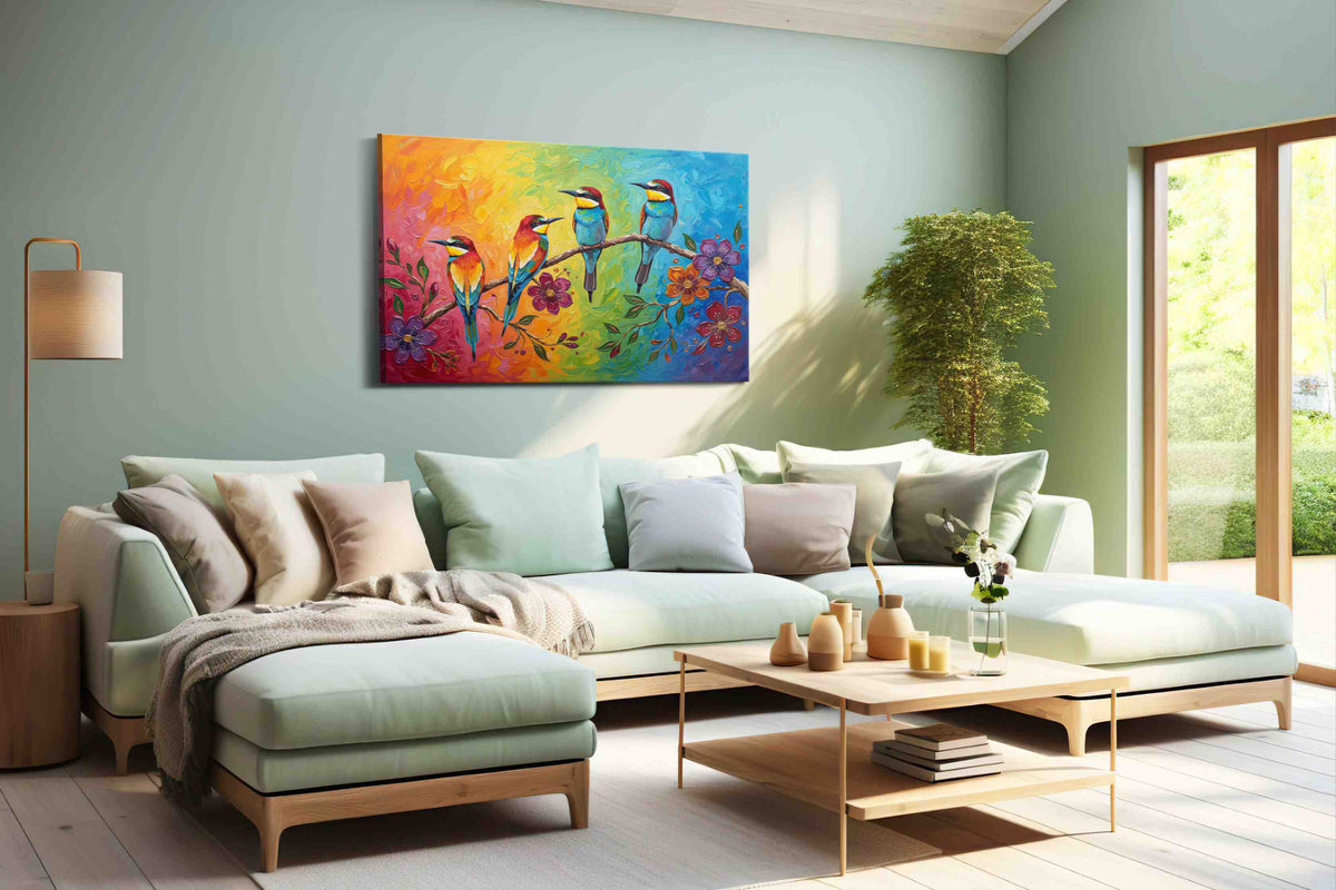 Rainbow Serenade II birds canvas print, hanging on wall