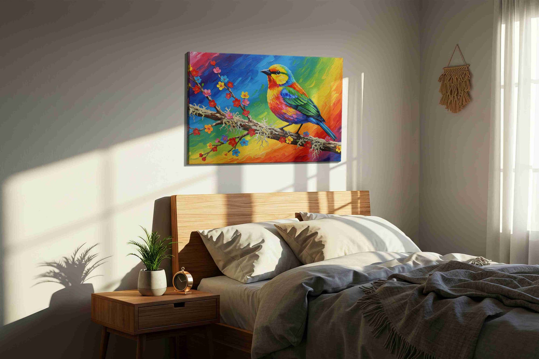 Rainbow Songbird Symphony birds canvas print, displayed in a bedroom