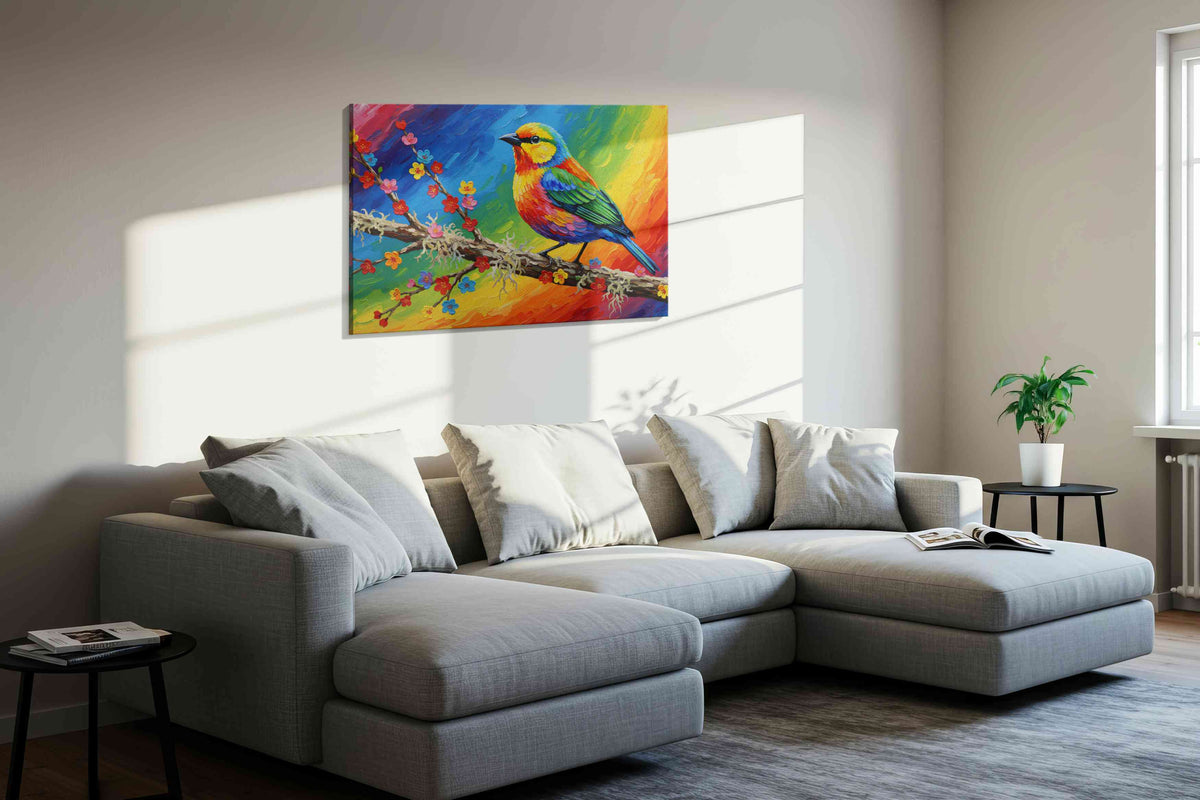 Rainbow Songbird Symphony birds canvas print, displayed in a living room