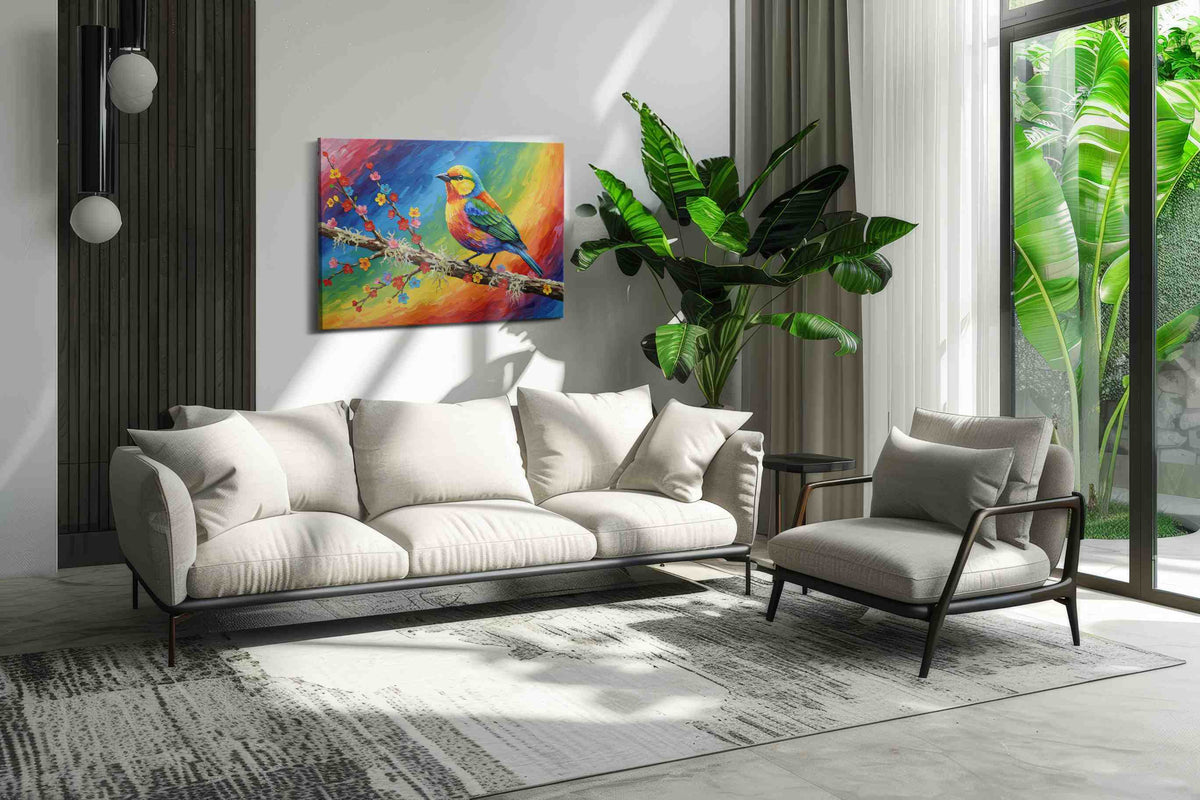 Rainbow Songbird Symphony birds canvas print, on wall, lifestyle preview