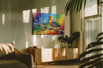 Rainbow Songbird Symphony birds canvas print in a hung canvas mockup