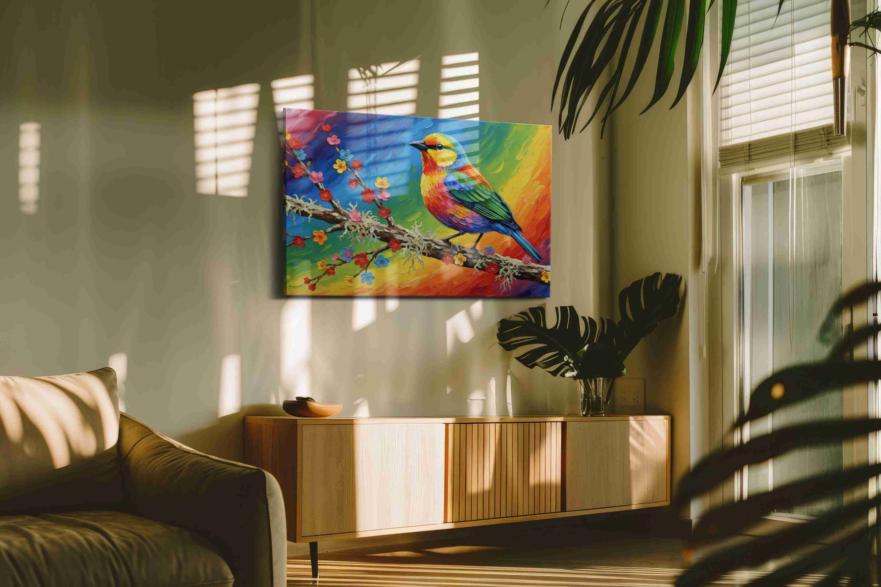Rainbow Songbird Symphony birds canvas print in a hung canvas mockup