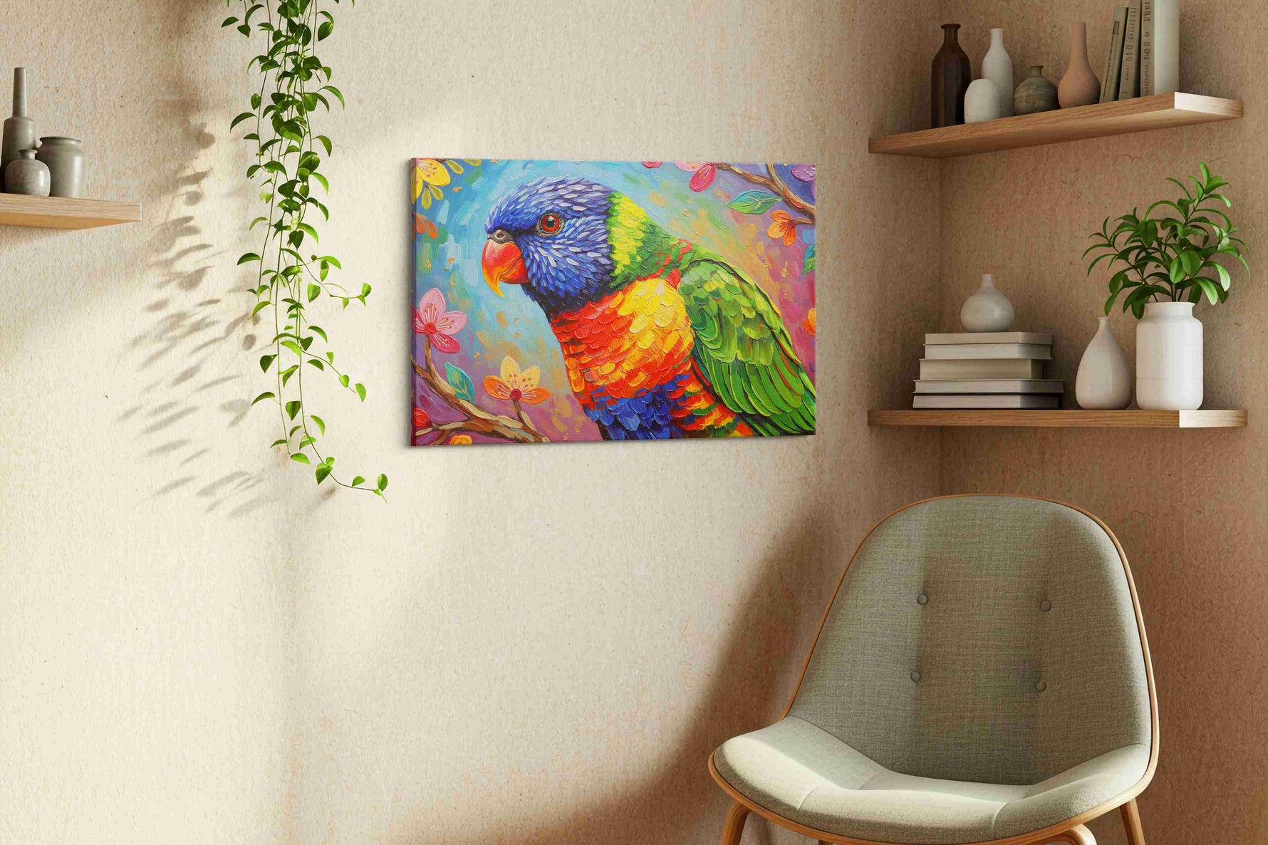 Rainbow Whispers birds canvas print, displayed in a living room