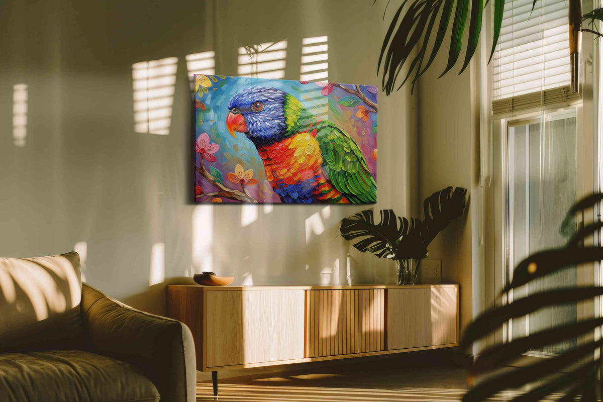 Rainbow Whispers birds canvas print in a contemporary interior mockup