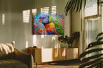 Rainbow Whispers birds canvas print in a contemporary interior mockup