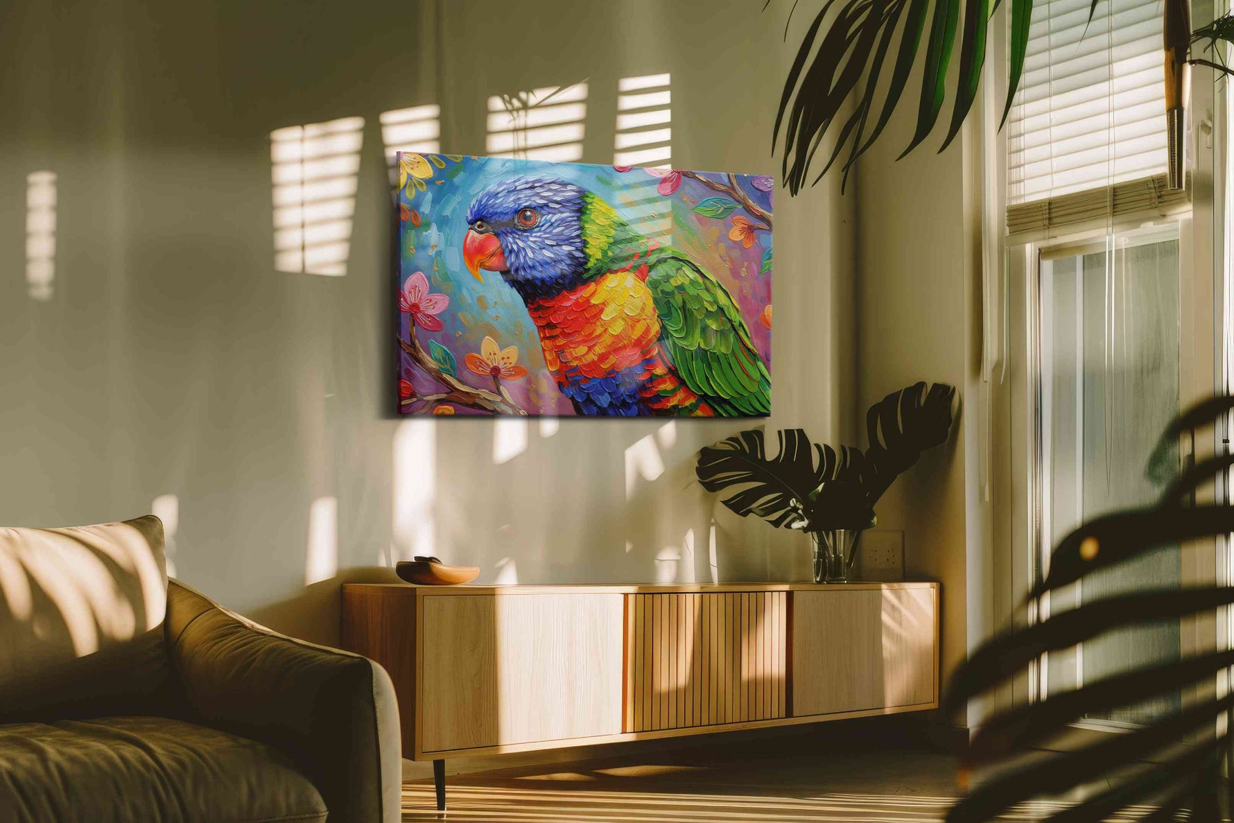 Rainbow Whispers birds canvas print in a contemporary interior mockup