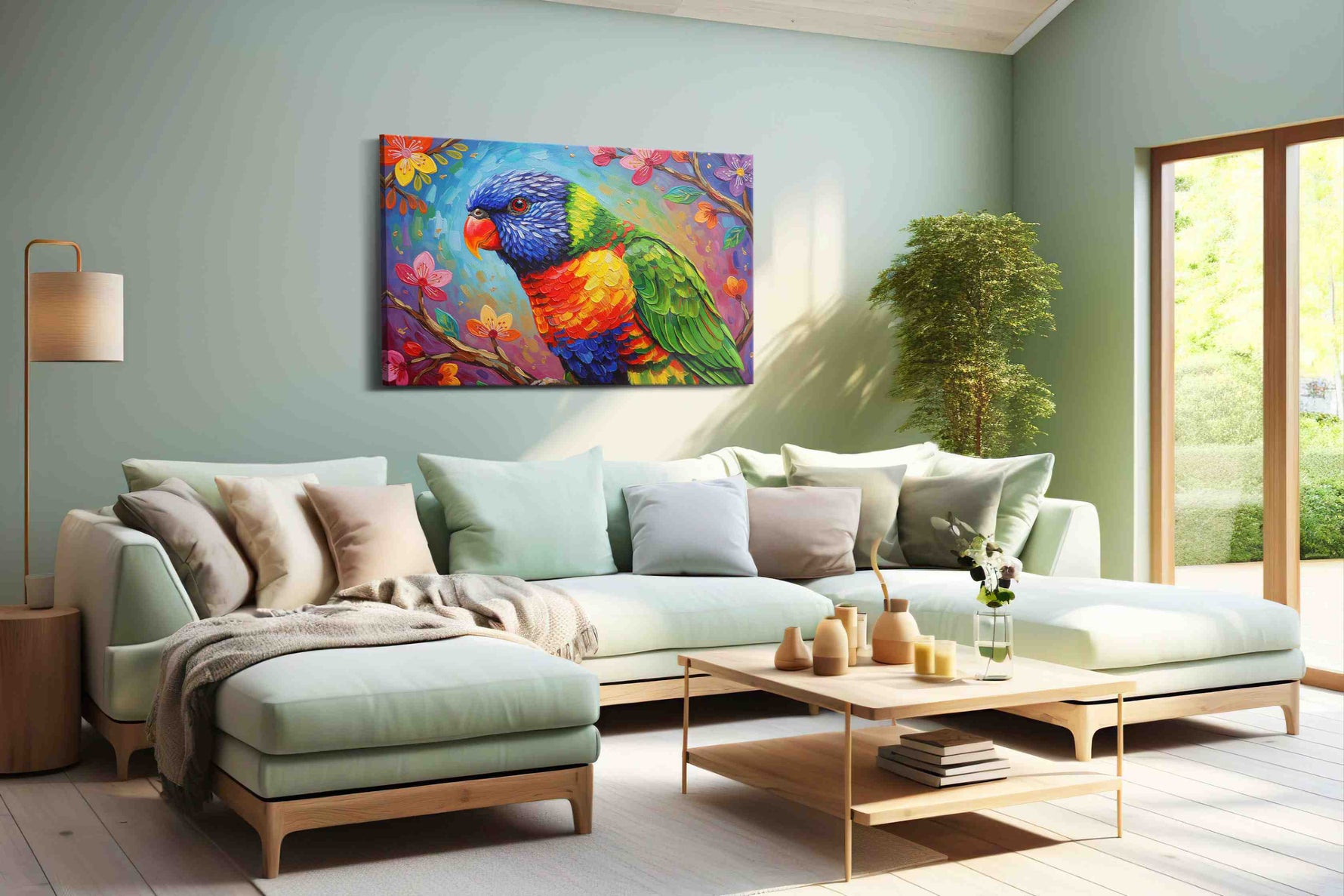 Rainbow Whispers birds canvas print, hanging on wall